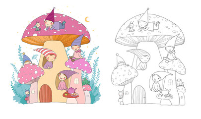 Cute cartoon gnomes sleep on mushrooms. Little wood elves. Cheerful boys in caps. Illustration for coloring books. Monochrome and colored versions. Worksheet for children and adults