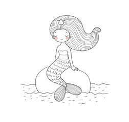 Cute cartoon mermaids sitting on a stone. Siren. Sea theme. vector illustration. Beautiful cartoon girl with a fish tail - 472912057