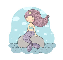 Cute cartoon mermaids sitting on a stone. Siren. Sea theme. vector illustration. Beautiful cartoon girl with a fish tail