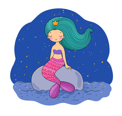 Cute cartoon mermaids sitting on a stone. Siren. Sea theme. vector illustration. Beautiful cartoon girl with a fish tail
