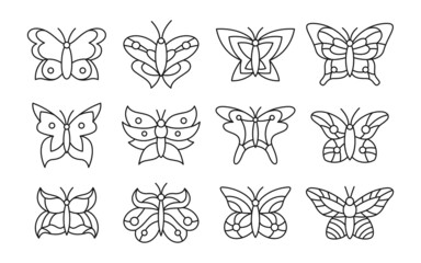 Butterfly doodle set. Elegant exotic icon butterflies and moths drawing illustration. Abstract stylized tropical insect, black contour wings. Wildlife childrens hand drawn symbol design vector