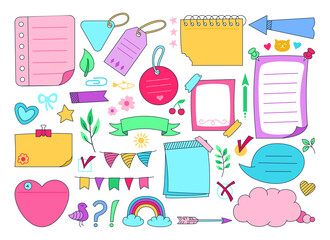 Sketch sticky notebook note paper doodle set. Notes with elements planning, speech bubble frame, rainbow. Blank graphic notepad or label tag. Organized education planner, bookmark memory diary page