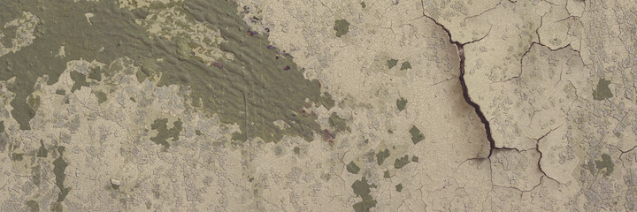 Peeling paint on the wall. Panorama of a concrete wall with old cracked flaking paint. Weathered rough painted surface with patterns of cracks and peeling. Wide panoramic grunge texture for background
