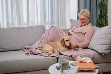 Sick elderly woman suffering from seasonal flu or cold lying down on sofa with her small dog. Ill senior feel unhealthy with influenza at home