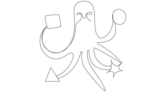 Self-drawing cute squid in one-line geometric shapes on a white background. Cartoon animal with tentacles playing a game.