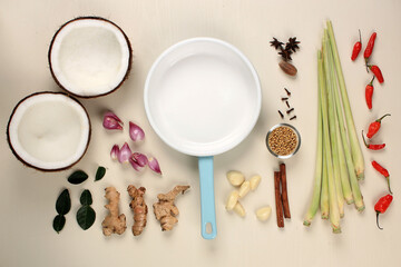 Food Knolling COncept Ingredients Herbs and Spice with Coconut for Making Indonesian Traditional DIsh 