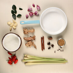 Coconut, Chilli, Shallots, Garlic, Coriander, Cinnamon, Star Anise with other Spice and Herbs for Indonesian Traditional Food. Copy Space above Cream Background.