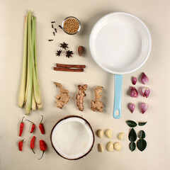 Coconut, Chilli, Shallots, Garlic, Coriander, Cinnamon, Star Anise with other Spice and Herbs for Indonesian Traditional Food. Copy Space above Cream Background.