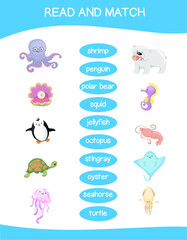 Read and match worksheet game. English alphabet with cartoon animals set. Matching words with images using funny sea animals for kids. Vector illustration.
