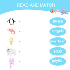 Read and match worksheet game. English alphabet with cartoon animals set. Matching words with images using funny sea animals for kids. Vector illustration.