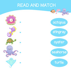 Read and match worksheet game. English alphabet with cartoon animals set. Matching words with images using funny sea animals for kids. Vector illustration.