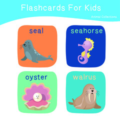 Cute animal flashcards collection. English name with cartoon animals set. Cute drawing of sea animals. Card games for kids. Vector illustration.