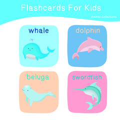 Cute animal flashcards collection. English name with cartoon animals set. Cute drawing of sea animals. Card games for kids. Vector illustration.