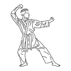 black line art Young man practicing karate in style