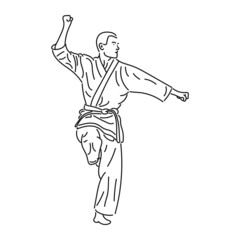 black line art Young man practicing karate in style