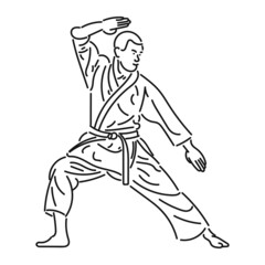 black line art Young man practicing karate in style