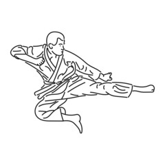 black line art Young man practicing karate in style