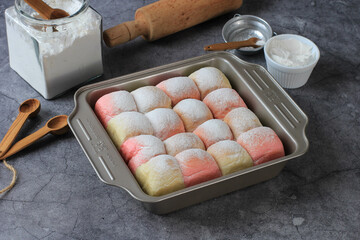 Fresh Baked Japanese Soft and Fluffy Bun Bread, Popular as Hokaido Milk Bread  with Pastel Colours