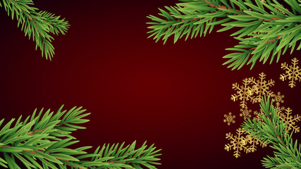 Christmas tree branches with free space wall. red gradient background.