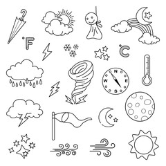 weather doodle vector set illustration with hand draw line art style vector, star, sun