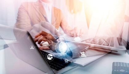 Fingerprint Biometric Digital Scan Technology. Graphic interface showing man finger with print scanning identification. Concept of digital security and private data access by use fingerprint scanner.
