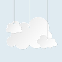 Cloud paper cut white flat set. 3D origami weather infoboard advertising postcard blank banner cloudy file storage. Sticker sale promotion important info discount label icon meteorology cartoon style