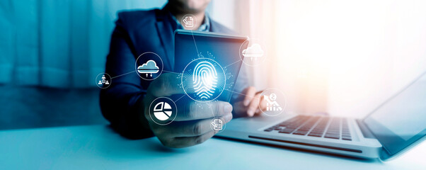 Fingerprint Biometric Digital Scan Technology. Graphic interface showing man finger with print scanning identification. Concept of digital security and private data access by use fingerprint scanner.