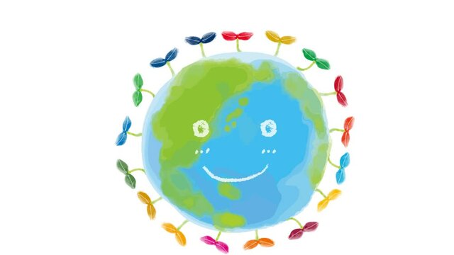 SDGsイメージの水彩のかわいい地球とのアニメーション（北半球）