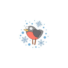 Cute cartoon bullfinches. Stars print. Isolated vector pattern (art) on a white background. Snowflakes. 
