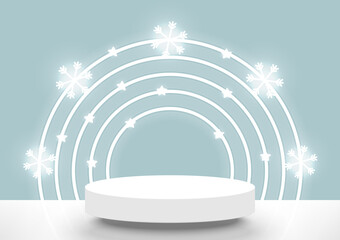 Christmas scene. Stage podium 3d with neon light decor snowflake, star, isolated on light blue studio winter background. Vector illustration.