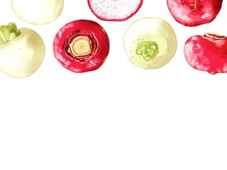 手描き水彩の白蕪と赤蕪イラスト長方形フレーム・上