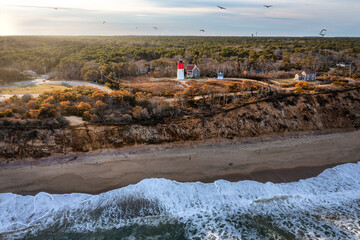 Aerial view of Nauset Lighthouse shot during sunset