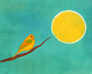 Yellow bird on a branch with vibrant colors and brown sun