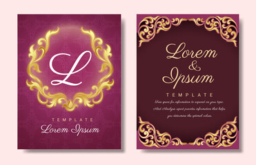 Card invitation, elegant gold floral wedding layout, on Red color background design.
