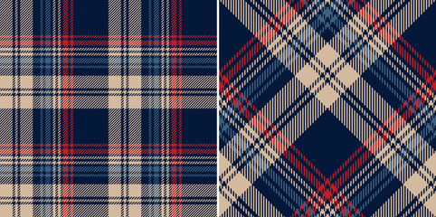 Seamless check plaid pattern set in navy blue, red, beige. Dark tartan vector print for flannel shirt, skirt, blanket, throw, other modern spring summer autumn winter modern fashion fabric design. - 472925254