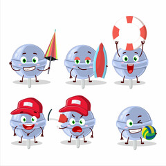 Happy Face sweet blueberry lolipop cartoon character playing on a beach