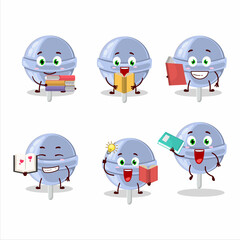 A picture of sweet blueberry lolipop cartoon character concept reading an amusing book