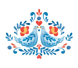 Obraz premium Symmetrical composition with doves, flowers and hearts on the theme of valentines day.