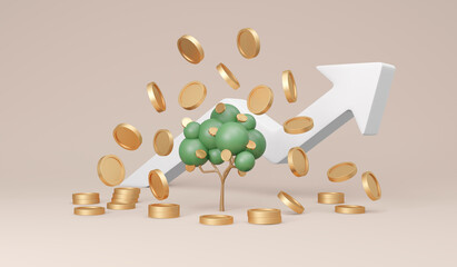 3D Rendering trees with coins falling down and arrow graph rising up on background concept of money tree financial investment. 3D Render illustration. Economic growth.
