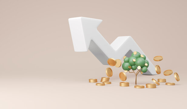 3D Rendering trees with coins falling down and arrow graph rising up with copy space on background concept of money tree financial investment. 3D Render illustration. Economic growth.