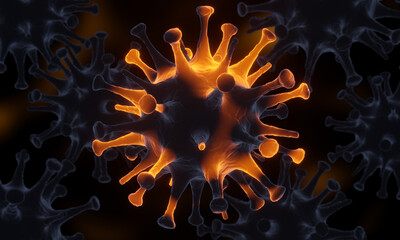 3D microscopic COVID-19 virus. Omicron variant. Coronavirus mutation. Global health crisis.