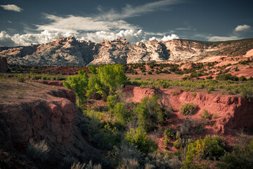 The beautiful view cloudy sky, red and green canyon in Colorado. The incredibly colorful background