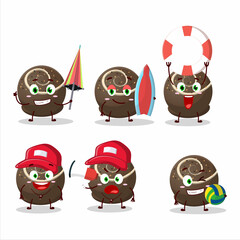 Happy Face truffle chocolate candy cartoon character playing on a beach