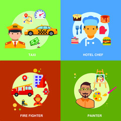 Obraz premium Taxi, hotel chef, fire fighter, painter professional jobs flat vector collection deisign