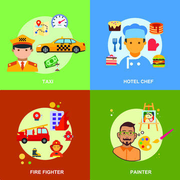 Taxi, hotel chef, fire fighter, painter professional jobs flat vector collection deisign