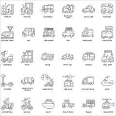 Outline Transport vehicles flat vector icon collection set