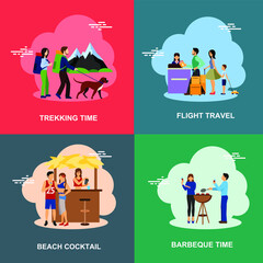 Trekking, flight travel, beach cocktail, barbecue time flat vector collection design