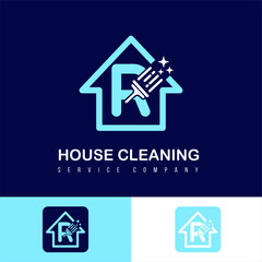 Modern Simple Cleaning Service, House Care and Maintenance Business Logo Design Idea with Initial R Letter on Home and Brush Sparkling