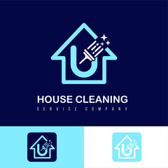 Modern Simple Cleaning Service, House Care and Maintenance Business Logo Design Idea with Initial U Letter on Home and Brush Sparkling