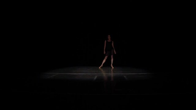 Woman ballroom dancer comes out of darkness on stage,slow flexible steps in Latin American tango dance style,makes hand movements as flower opens,flexing body.Black dress,leotard,long distant shot.